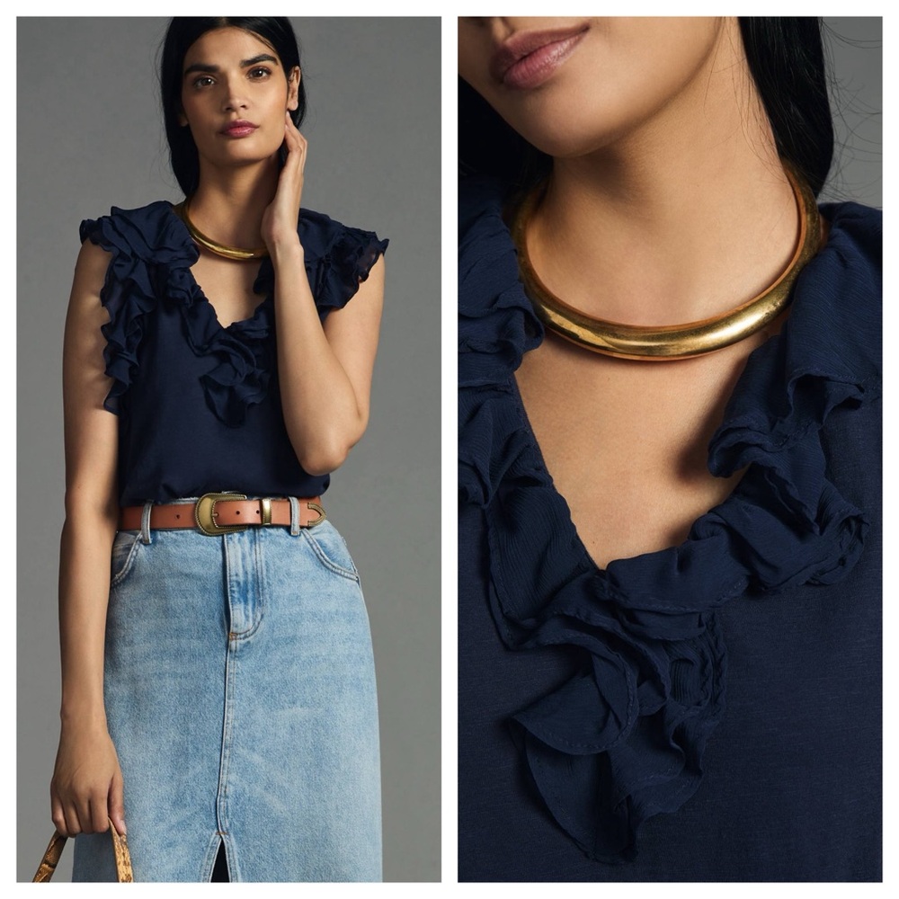 By Anthropologie navy blue ruffled sleeveless top chiffon romantic tee shirt M